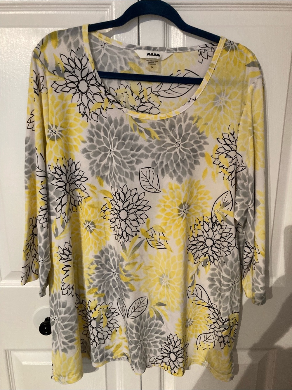 Alia Yellow, Gray & White Floral Scoop Neck Long Sleeve Top